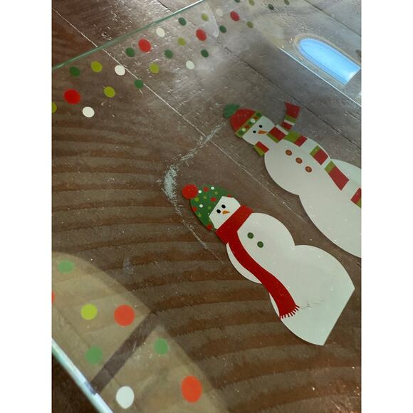 The Pampered Chef Christmas Tray Snowmen Dots Platter Clear Glass Plate - Picture 3 of 6